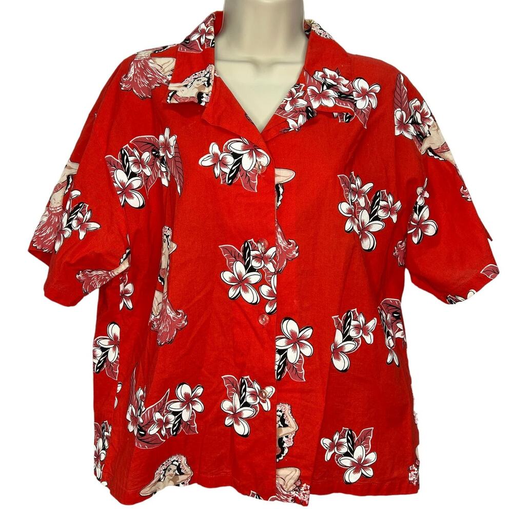 Vintage Ling & Kwok's Hawaiian Shirt Womens XL Red Short Sleeve Hula Girls